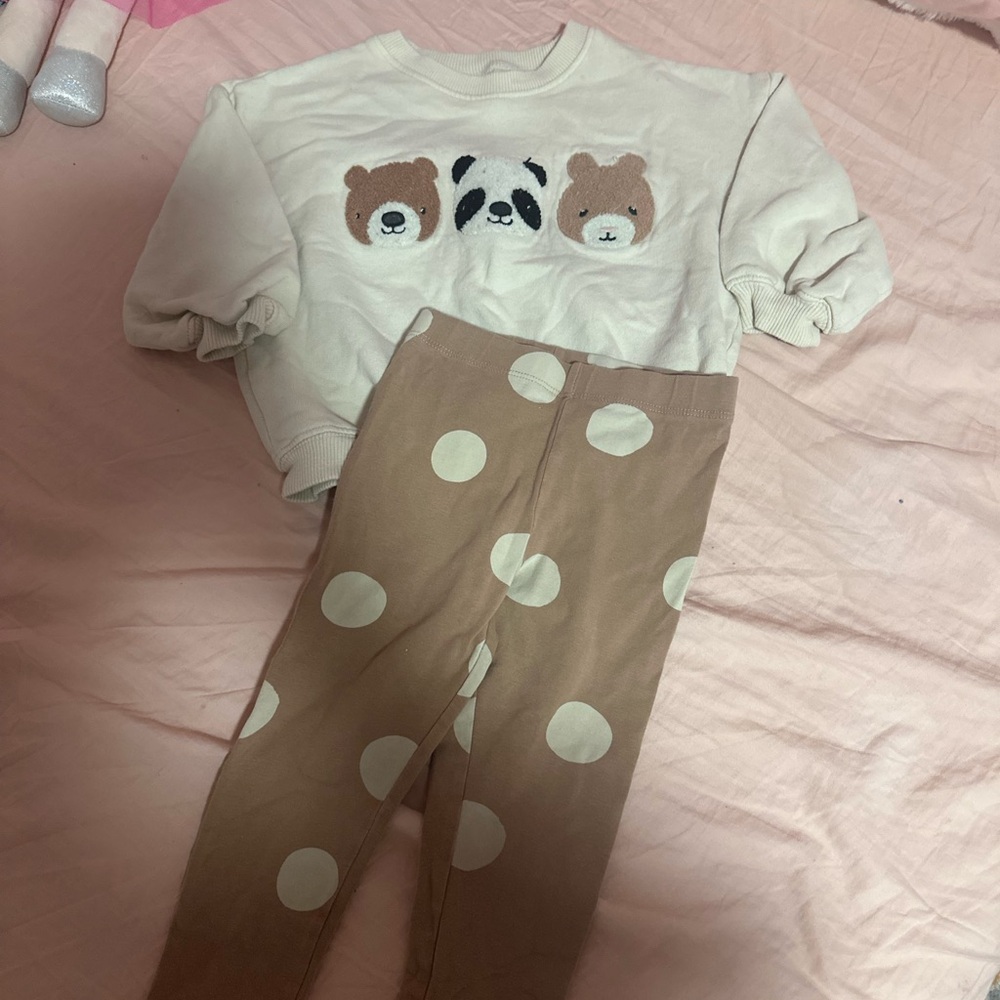 Next Cream Animal Sweatshirt and Tan Polka Dot Leggings Set